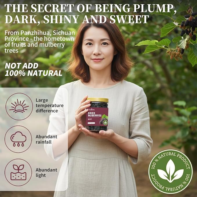 Baihuatang Natural Dried Black Mulberries Premium Dried Black Mulberries Dried Mulberries Black Mulberry Tea Herbal Tea No Sugar Added & No Additives Dried Fruit Snack 黑桑椹干 桑葚 250g/8.8oz