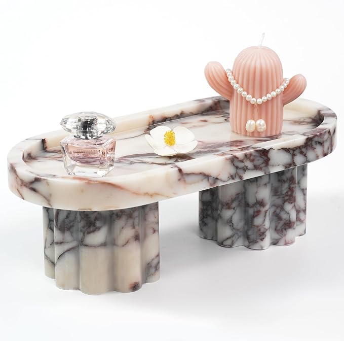 Marble Perfume Tray with Legs - Oval Decorative Stone Pedestal for Bathroom Vanity Coffee Table Kitchen Countertop, Footed Jewelry Candle Organizers Catchall Plate Riser with Scalloped Feet