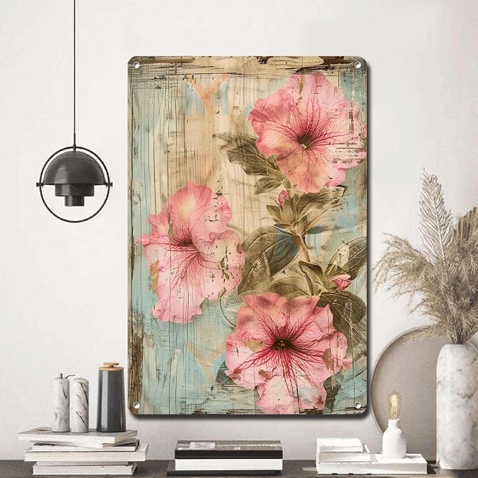 Metal Sign Tin Sign Vintage Wall Art Ruffled Petunias Tin Sign for Vintage Wall Art Rustic Petunia Lovers and Shabby Chic Interiors Vintage Decor for Bar 8×12 Inches