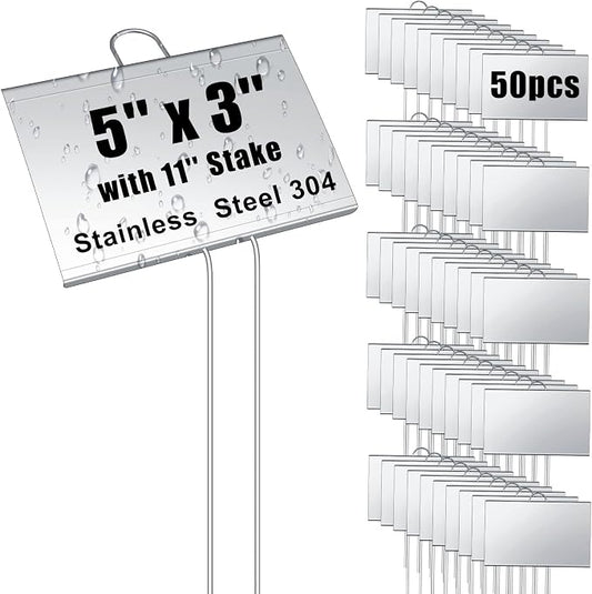Landhoow 50 Pcs Large Garden Plant Markers Metal Plant Labels Sign 5'' x 3'' with 11'' Stake Weatherproof Waterproof Garden Sign for Outdoor Seedlings Herbs Vegetable Greenhouse, Silver