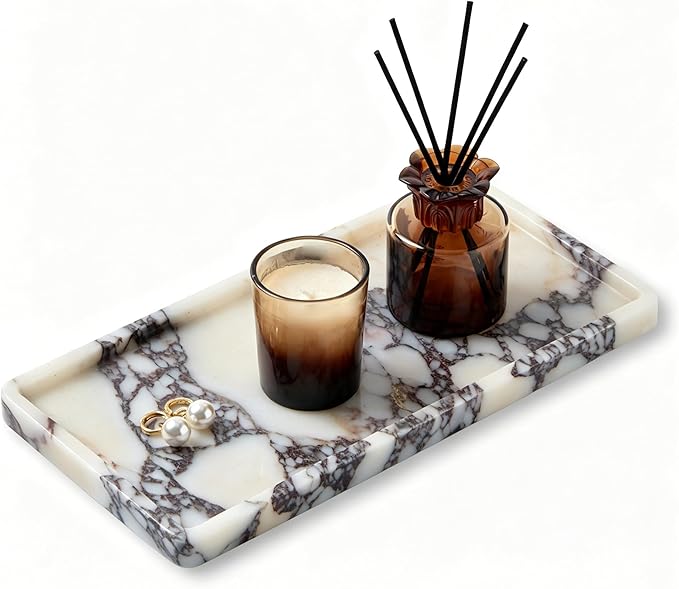 Luxury Natural Rectangle Marble Tray – 11.8 x 5.9-Inch Calacatta Viola Stone Vanity Tray, Modern Makeup Organizer for Perfume Skincare Products, Decorative Tray for Bathroom Coffee Table & Dresser
