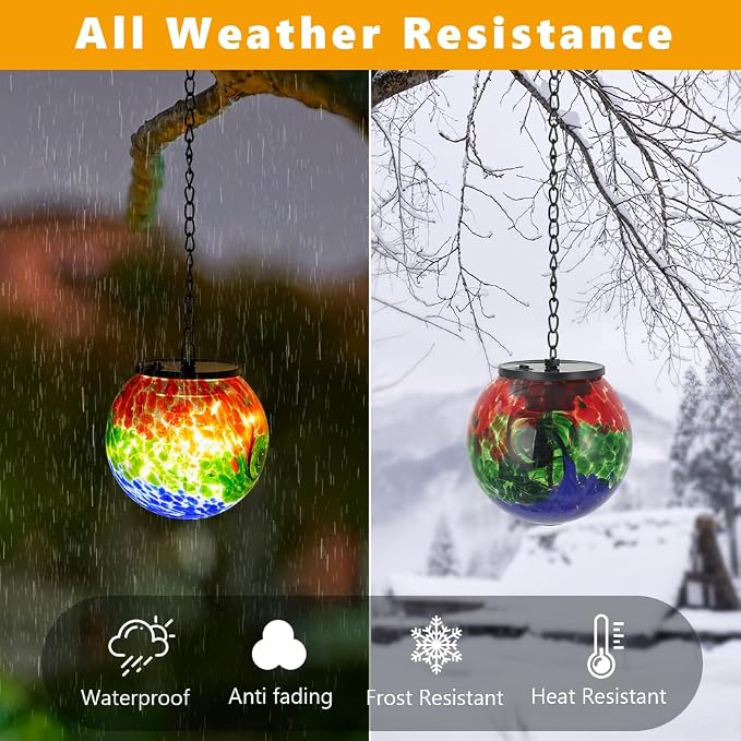 Solar Hanging Lanterns Outdoor, Waterproof Gazing Ball Lights, Hanging Glass Globe Light for Garden Yard Tree Home Xmas Decor,Green Splash-Ink