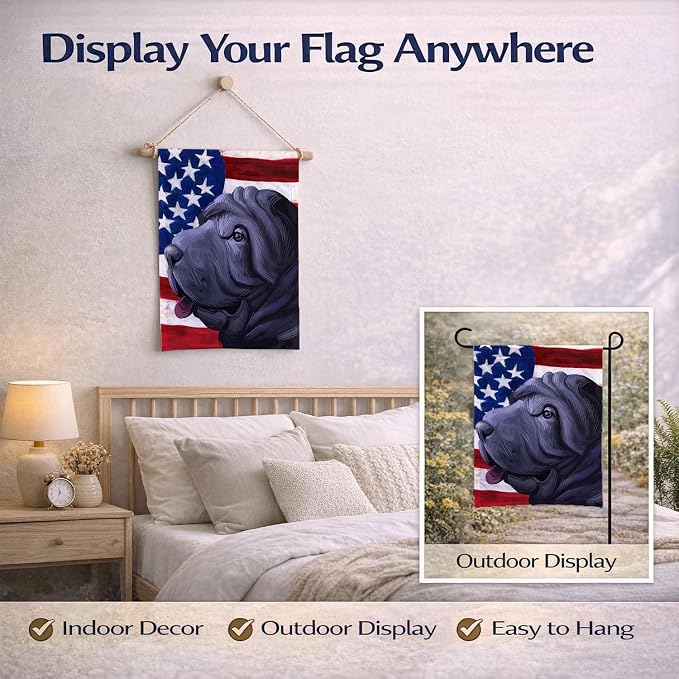 Caroline's Treasures CK6620GF Miniature Shar Pei Dog American Flag Garden Flag Mailbox Flag Decorative Yard Flag Banner Outside Patio Artwork Yard Flower Beds, Garden Size, Multicolor