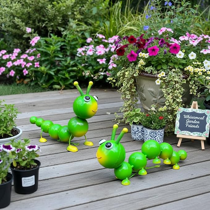 Cruis Cuka Metal Caterpillar Statue Yard Art Garden Decor for Outside Patio Lawn Ornaments Fence Decorations Gift for Family,Friends,Garden Lovers - Set of 2(Green)