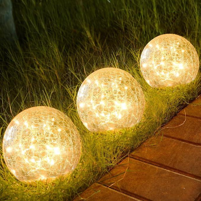 Outdoor Waterproof IP65 Solar Globe Lights, Led Solar Light Balls for Lawn Garden Patio Table Art Decoration, Yard Landscape Illuminated Cracked Glass Sphere Gazing Ball Lights, Round Ornaments Orbs