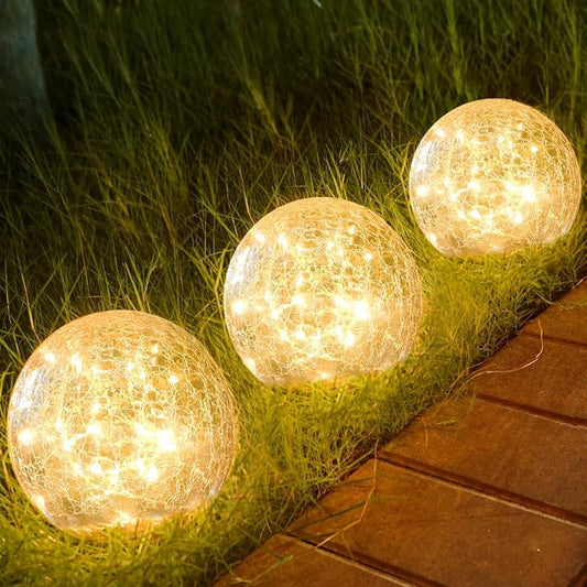 Outdoor Waterproof IP65 Solar Globe Lights, Led Solar Light Balls for Lawn Garden Patio Table Art Decoration, Yard Landscape Illuminated Cracked Glass Sphere Gazing Ball Lights, Round Ornaments Orbs