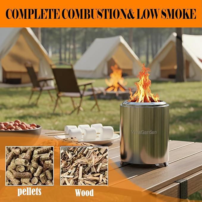 Portable Tabletop Fire Pit, VivaGarden Smokeless Table Top Fire Pit, Wood Burning & Pellets Outdoor Camping Stove with Carry Bag, Forks and Mat (9.7x7.1 Inch, Silver)