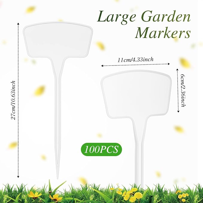 202 Pcs Large Plant Labels Kit 10.63 Inch Include 100 Outdoor White Plastic Plant Tags Waterproof Reusable Markers Stakes 100 PET Films and 2 Marker Pens for Garden Herbs Flowers Pot