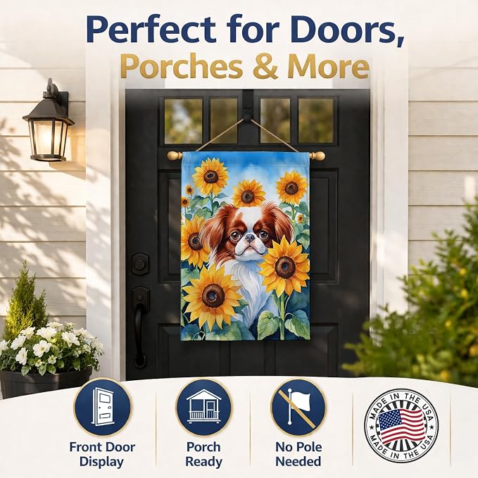 Caroline's Treasures DAC6104CHF Japanese Chin in Sunflowers House Flag Large Porch Sleeve Pole Decorative Outside Yard Banner Artwork Wall Hanging, Polyester, House Size, Multicolor