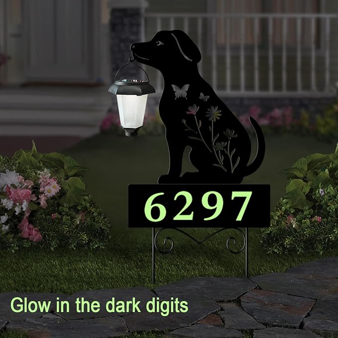 Dog Decorative Garden Stakes Yard Sign -Number with Glow in the Dark be Suited to Garden, Lawn, Outdoor Decor Dogs Holding Solar Lantern Decor Stakes