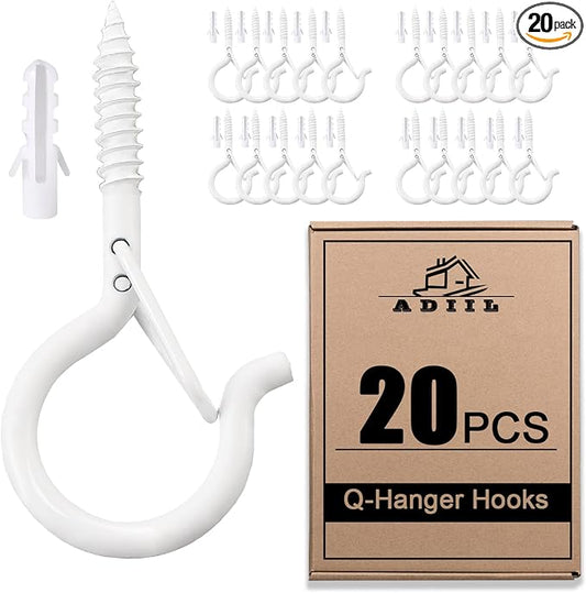ADIIL 20 PCS Q Hanger Hooks with Safety Buckle, Windproof Screw Hooks for Hanging Outdoor String Lights, Plants, Christmas Patio Lights, 2.2 Inches, White
