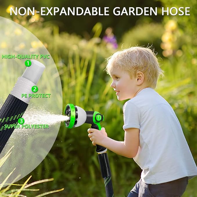 Junredy Garden Hose 25 FT, NON-EXPANDABLE Heavy-Duty Flexible & Lightweight Water Hose with 10-Function Nozzle, No-Kink, Leak-Proof Super Fabric, Solid Fittings for Lawn, Car, Outdoor (Black Green)