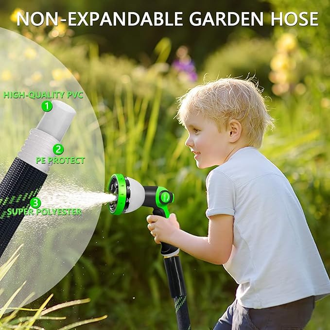 Junredy Garden Hose 50 FT, NON-EXPANDABLE Heavy-Duty Flexible & Lightweight Water Hose with 10-Function Nozzle, No-Kink, Leak-Proof Super Fabric, Solid Fittings for Lawn, Car, Outdoor (Black Green)