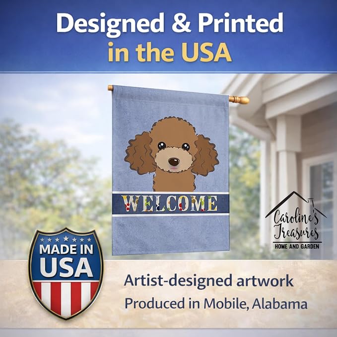 Caroline's Treasures BB1442CHF Chocolate Brown Poodle Welcome House Flag, Blue Large Porch Sleeve Pole Decorative Outside Yard Banner Artwork Wall Hanging, Polyester, House Size, Multicolor
