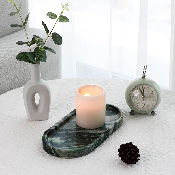 Koville Green Marble Tray for Bathroom Countertop, 10"x5" Natural Marble Vanity Tray Perfume Trays for Dresser, Stone Jewelry Dish Candle Holder for Home Decor, Stone Catchall Trays