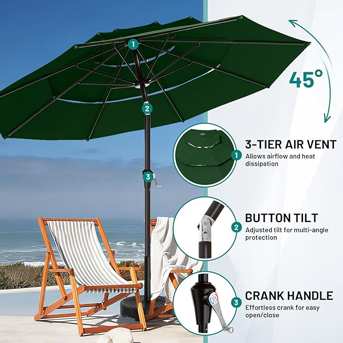 AreShark 9ft 3-Tier Patio Umbrellas, Outdoor Umbrella with 8 Sturdy Ribs UV Protection Windproof, Market Table Umbrella w/Push Button Tilt & Crank for Pool, Porch, Deck, Garden(Dark Green)