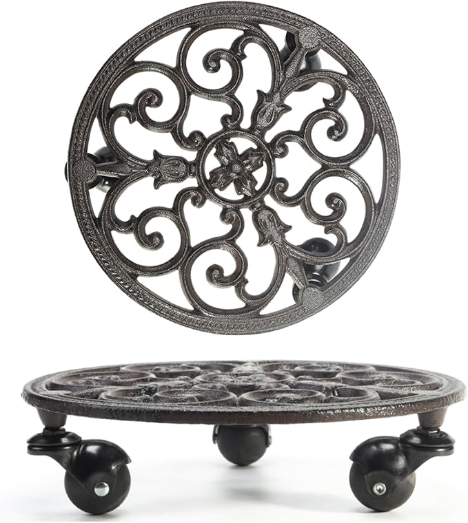 Sungmor Heavy Duty Cast Iron Plant Caddy, Set of 2 & 11 Inch Round Potted Plant Stand Flower Pot Rack on 3 Solid Wheels, Indoor Outdoor Planter Holder Trolley Casters Rolling Tray