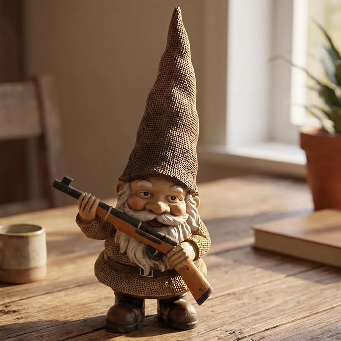 Elenon Garden Gnome Outdoor Statue, 10.6'' High Funny Dwarf with Gun Figurine Decor, Resin Sculpture for Patio Yard Lawn Porch Decoration Ornaments Gift