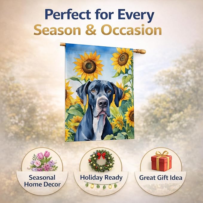 Caroline's Treasures DAC6091CHF Great Dane in Sunflowers House Flag Large Porch Sleeve Pole Decorative Outside Yard Banner Artwork Wall Hanging, Polyester, House Size, Multicolor