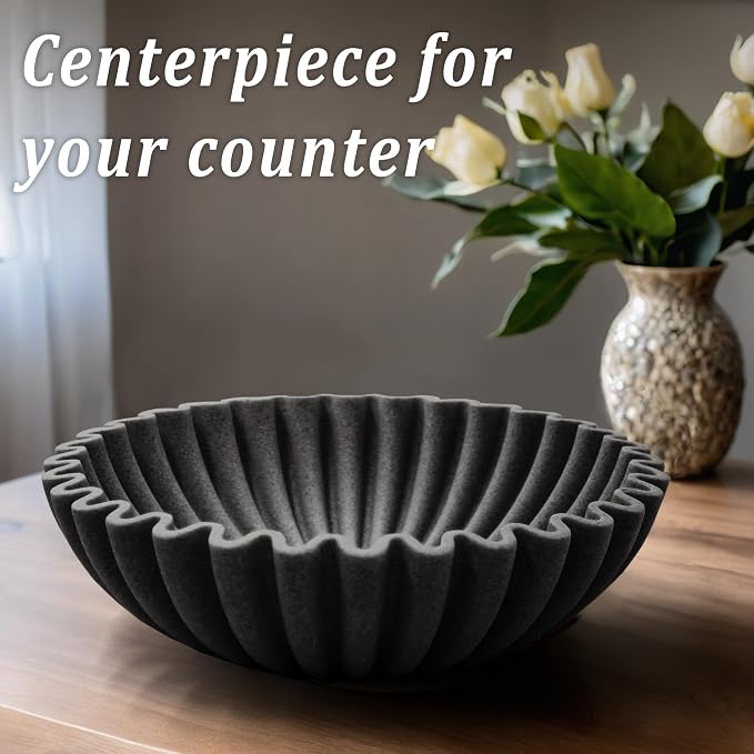 LIN CHUAN Ruffle Decorative Bowl, Large Fruit Bowl for Kitchen Counter, Stylish Key Bowl for Entry Table, Handcrafted Home Decor Display bowl, Artificial Stone Black