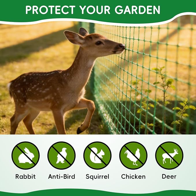 Plastic Mesh Fencing 4FT x 50FT, Garden Bird Netting & Deer Fence, Temporary Animal Barrier for Deer Pets Rabbits Chickens Wildlife, Green Protective Netting for Plants Fruit Vegetables