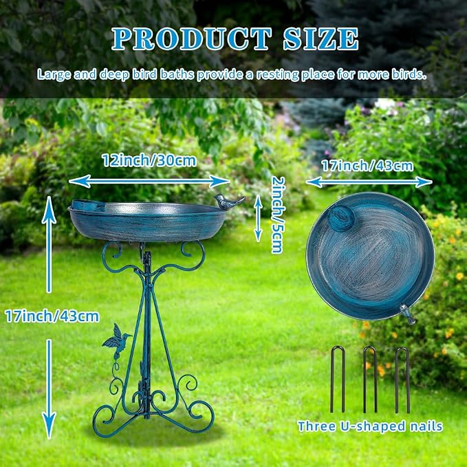 DREAMSOUL Blue Bird Bath Stand, 12" Dia Bird Bath for Outside Metal Birdbath with Folding Bracket for Patio Lawn Garden Decor
