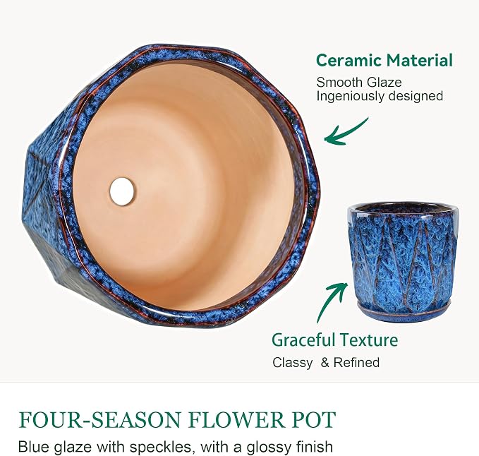 10 Inch Ceramic Plant Pot with Drainage Hole Mesh Net, Large Flower Pots for Indoor Plants with Saucer, Gardening Pots Outdoor, Blue