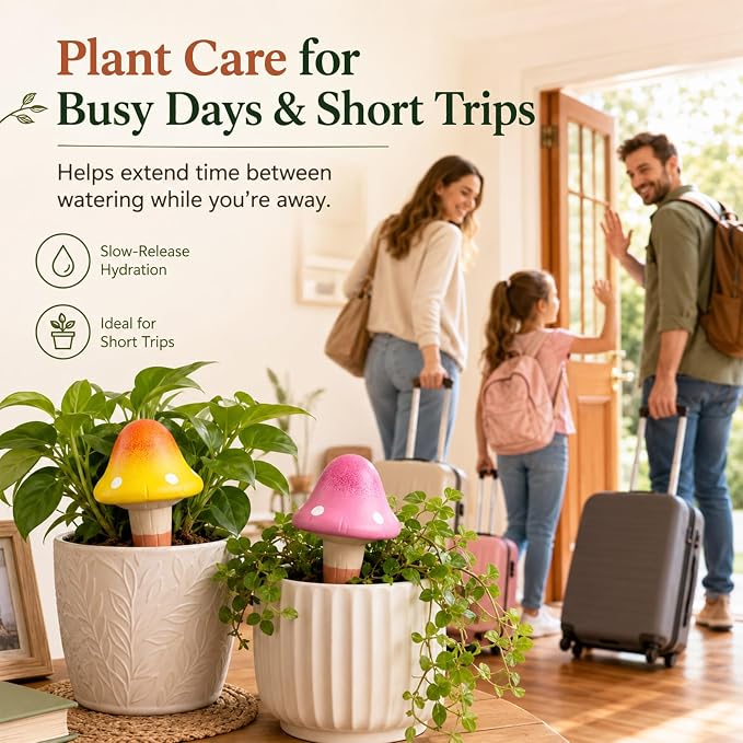 Terracotta Watering Spikes 4 Pack, Cute Self Watering Plant Spikes, Clay Plant Watering Devices, Slow Release Self Watering Planter Insert for Indoor Outdoor Potted Plants (Mushroom) | Porous terracotta, Top refill design, Decorative owl shape, Easy pl...