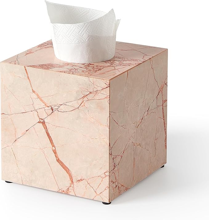 Real Natural Marble Tissue Box Cover, 5.5 Inch Square Marble Tissue Box Holder with Open Bottom, Heavy Stone Decorative Organizer for Bathroom Vanity, Kitchen Countertop, Luxury Home Décor