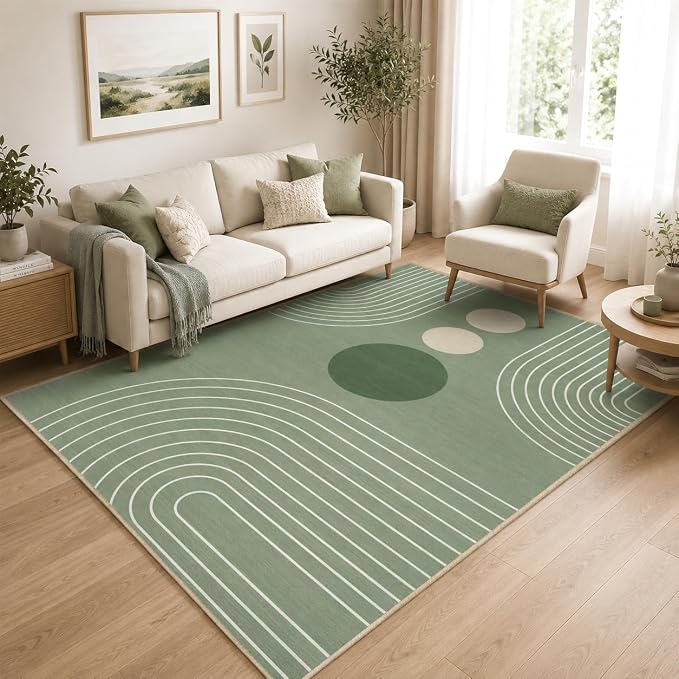Boho Rug 4x6 Modern Geometric Minimalist Abstract Area Rug for Living Room Sage Green Mid Century Modern Contemporary Machine Washable Non-Slip Printed Low-Pile Carpet Dining Room Bedroom Office