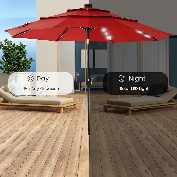 DUMOS Outdoor Solar Patio Umbrella 3 Tiers with 32 LED Lights, Beach Market Table Umbrella with Crank and 8 Sturdy Ribs for Pool, Terrace, Restaurant