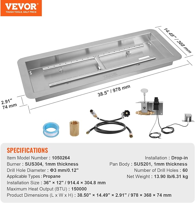 VEVOR 36 x 12 inch Drop-in Fire Pit Pan, Rectangular Stainless Steel Fire Pit Burner Kit, Propane Fire Pan 150,000 BTU with H-Burner for Indoor or Outdoor Use