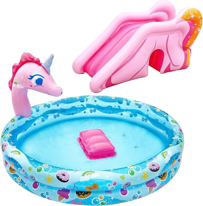BANZAI Spray 'N Splash Unicorn Pool, Length: 78 in, Width: 60 in, Height: 32 in, Inflatable Outdoor Backyard Water Slide Splash Toy