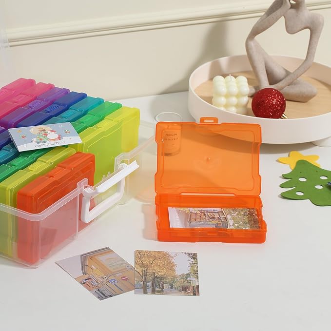 PCA Photo Storage Box 4" x 6" Cases With Handle - 16 Inner Keeper, Large Organizer, Plastic Craft Case for Stickers, Stamps, Jigsaw, Vegetable Seeds