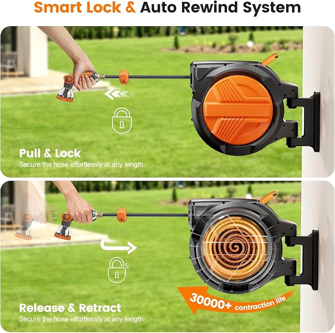 Retractable Garden Hose Reel 1/2” x 150ft, Auto Rewind Hose Reels for Outside, Heavy-Duty Wall-Mounted Outdoor Hose, 10-Mode Nozzle, Adjustable Length, 180° Rotation for Watering, Car Washing
