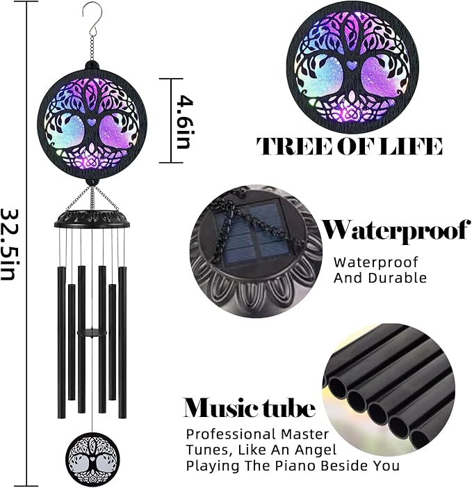 FSVGYY Memorial Wind Chimes for Loss of Loved One, Sympathy Wind Chimes Outdoor Waterproof with Solar LED Tree of Life, Bereavement Remembrance Funeral Gift for Mom Dad Family Garden Patio Decor