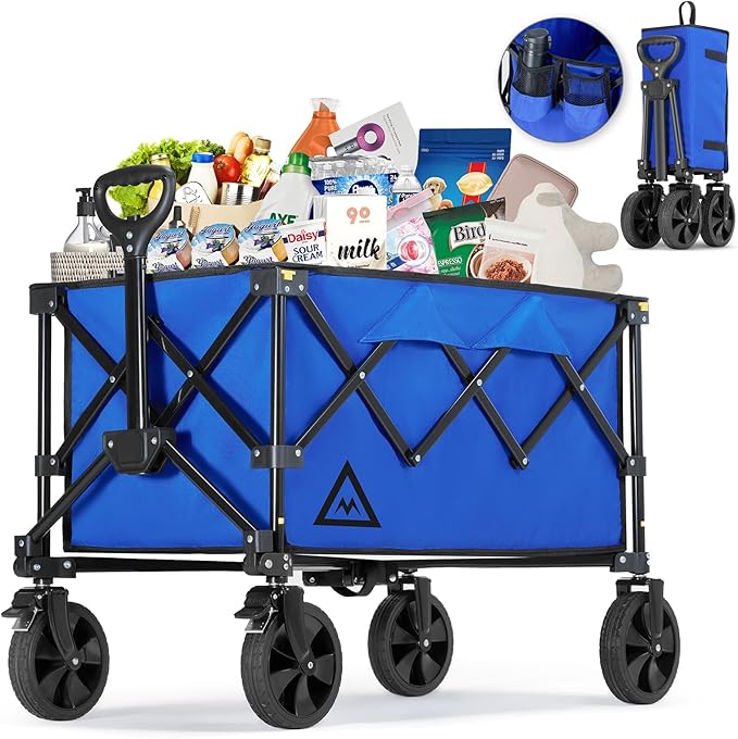 Wagon Cart Shopping Cart Large Capacity Collapsible Wagon with Wheels On Beach Garden Outdoor Utility Carts for Grocery All Terrain Portable Wagons Carts for Groceries Sand Camping Sports Blue