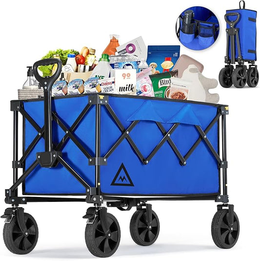Wagon Cart Shopping Cart Large Capacity Collapsible Wagon with Wheels On Beach Garden Outdoor Utility Carts for Grocery All Terrain Portable Wagons Carts for Groceries Sand Camping Sports Blue