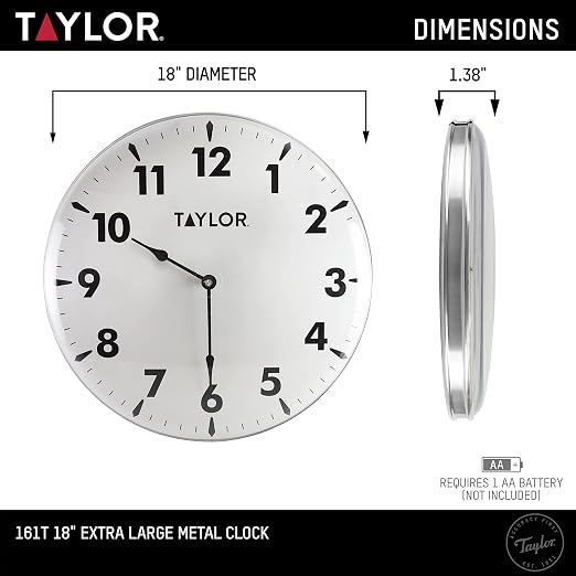 Taylor Indoor Outdoor Metal Wall Clock, Wireless Thermometer with Easy to Read Large Numbers for Patio, Pool, and Indoor Areas, 18-inch