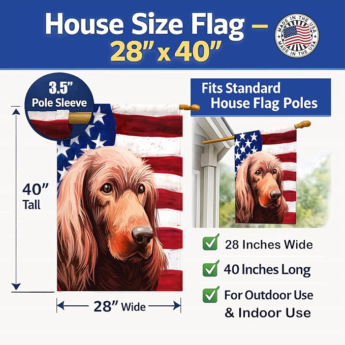 Caroline's Treasures CK6570CHF Irish Setter Dog American Flag House Flag Large Porch Sleeve Pole Decorative Outside Yard Banner Artwork Wall Hanging, Polyester, House Size, Multicolor