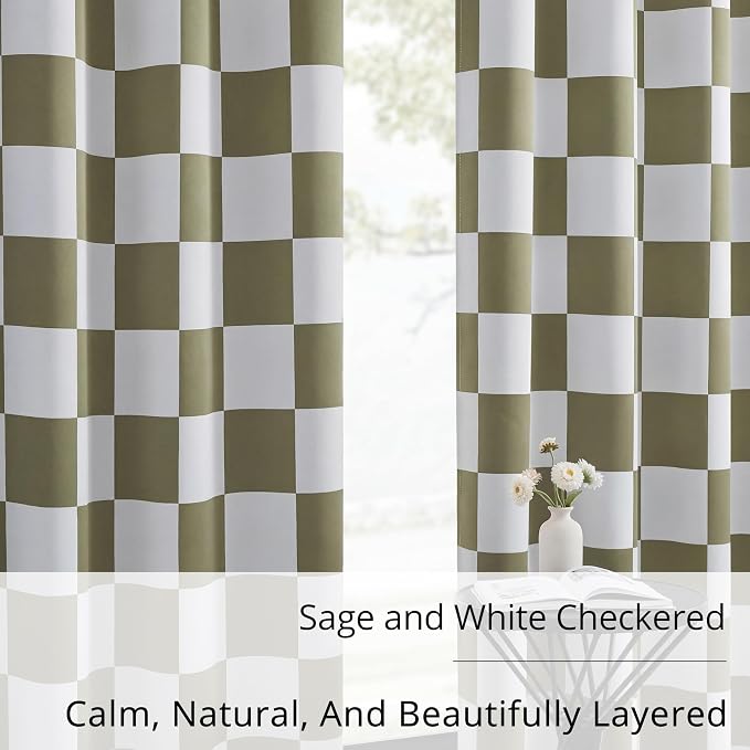 100% Blackout Checkered Curtains – 2 Panels, Each W52×L84, Thermal Insulated, Nosie Reducing for Bedroom, Modern Sage and White Checkerboard Design