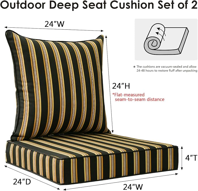 Unimatta Outdoor Patio Chair Cushions Set, 24" x 24"(24x24 Back), Set of 2, Water-Repellent, Fade Resistant, Deep Seat Bottom and Back Cushion for Backyard, Couch, Sofa, Sunset Cabana Stripe