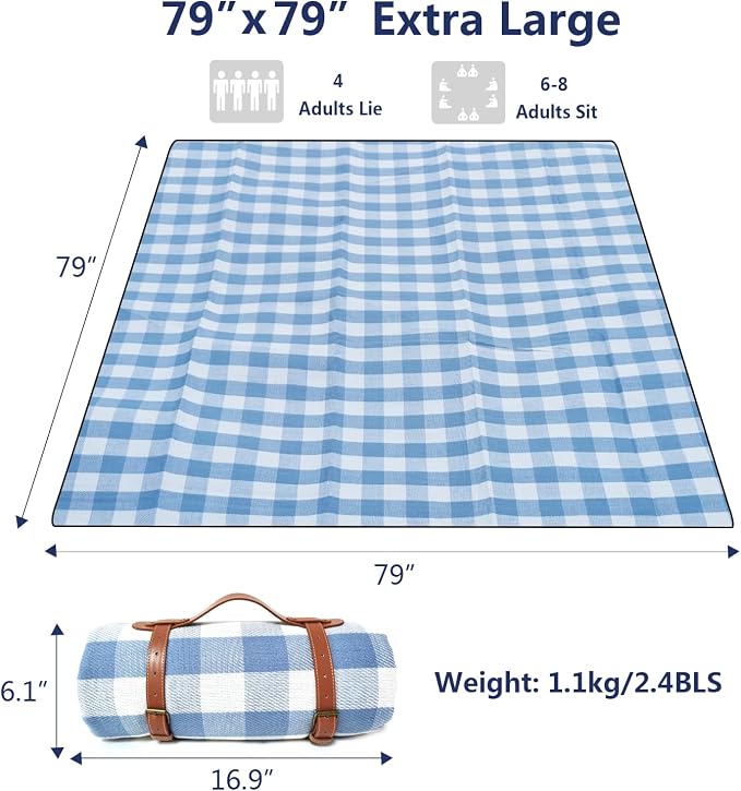 79”x79” Picnic Blanket Extra Large, Waterproof and Foldable Beach Blanket, 3-Layer Outdoor Blanket for 6 to 8 Adults, for Camping, Park, Beach, Grass, Indoors