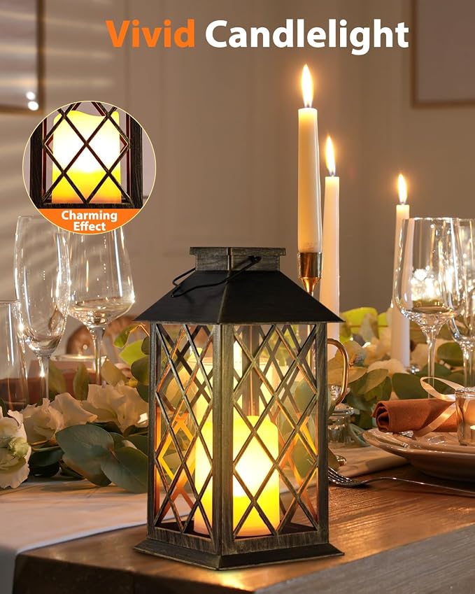 Otdair Solar Lanterns Outdoor Waterproof, 2 Pack 14" Hanging Flickering LED | Auto dusk-to-dawn; Flickering flame effect; 7–8h Runtime; IP65 waterproof; Retro style; Patio yard garden decor; Gift