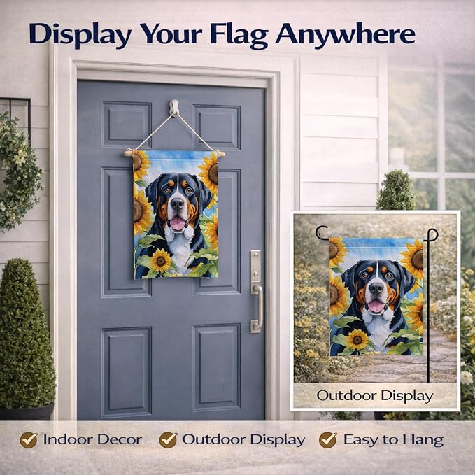 Caroline's Treasures DAC6094GF Greater Swiss Mountain Dog in Sunflowers Garden Flag Mailbox Flag Decorative Yard Flag Banner Outside Patio Artwork Yard Flower Beds, Garden Size, Multicolor