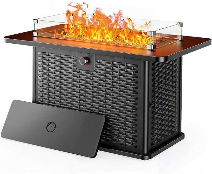 Ciays 43-Inch Rectangular Propane Fire Pit – 60,000 BTU Output, Premium Gas Fire Pit Table for Outside Patio, 304 Stainless Steel H-Burner, Glass Stones & Wind Guard, Black Finish