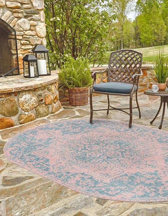Unique Loom Jill Zarin Jill Zarin Outdoor Collection Area Rug - Dubai (5' 3" x 8' Oval, Pink and Aqua/Light Blue)