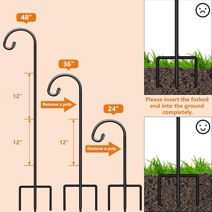 Gtongoko 48 Inch Shepherd Hooks for Outdoor 4 Pack, Adjustable Garden Hooks for Hanging Plants, Lanterns, Solar Lights, Mason Jars & Wedding Decor, Matte Black Decorative Shepherd’s Hooks