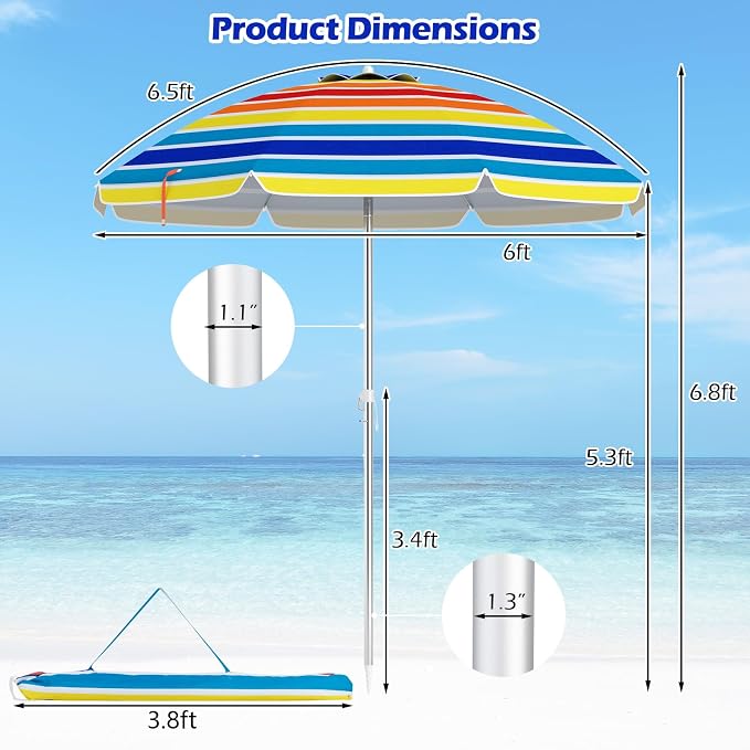 Tangkula 6.5ft Outdoor Beach Umbrella with Sand Anchor, Patio Umbrella with Push Button Tilt & UPF 50+ Protection, Portable Sunshade Umbrella with Carry Bag for Garden Beach Outdoor (Rainbow)