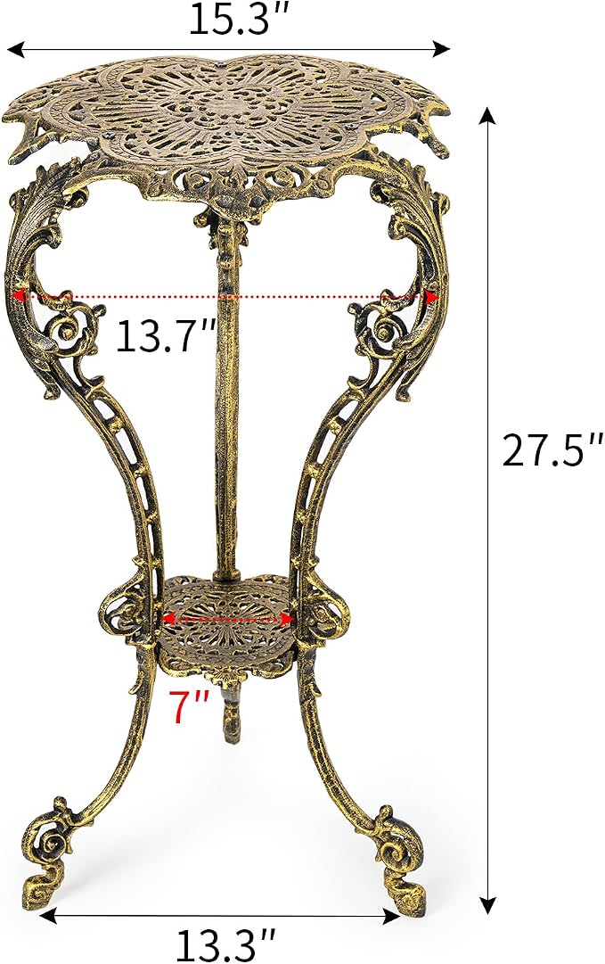 Sungmor Vintage Cast Iron Plant Stand - Ornate Gold Pedestal Table for Indoor Outdoor Garden, 27.5" Antique Metal Flower Pot Holder, Victorian Style Plant Display Stand - Patio, Porch, Balcony Décor